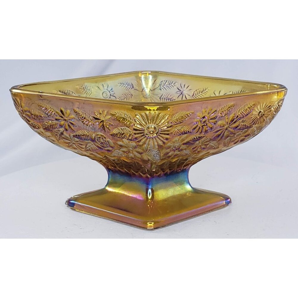 Vintage Indiana Carnival Glass Pineapple Floral Amber Footed Compote Bowl